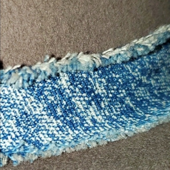 New Free People Gray Felt Flat Brim Fedora O/S Denim Ribbon Trim Wool Western - Picture 3 of 4